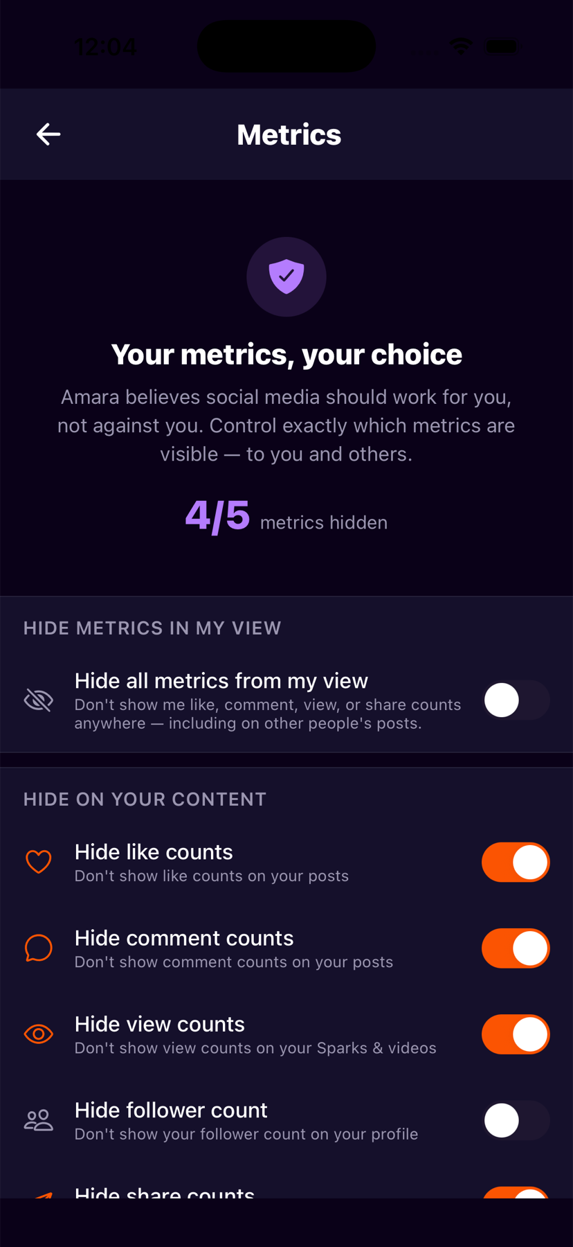 Amara metrics settings — toggle off likes, comments, view counts, follower counts